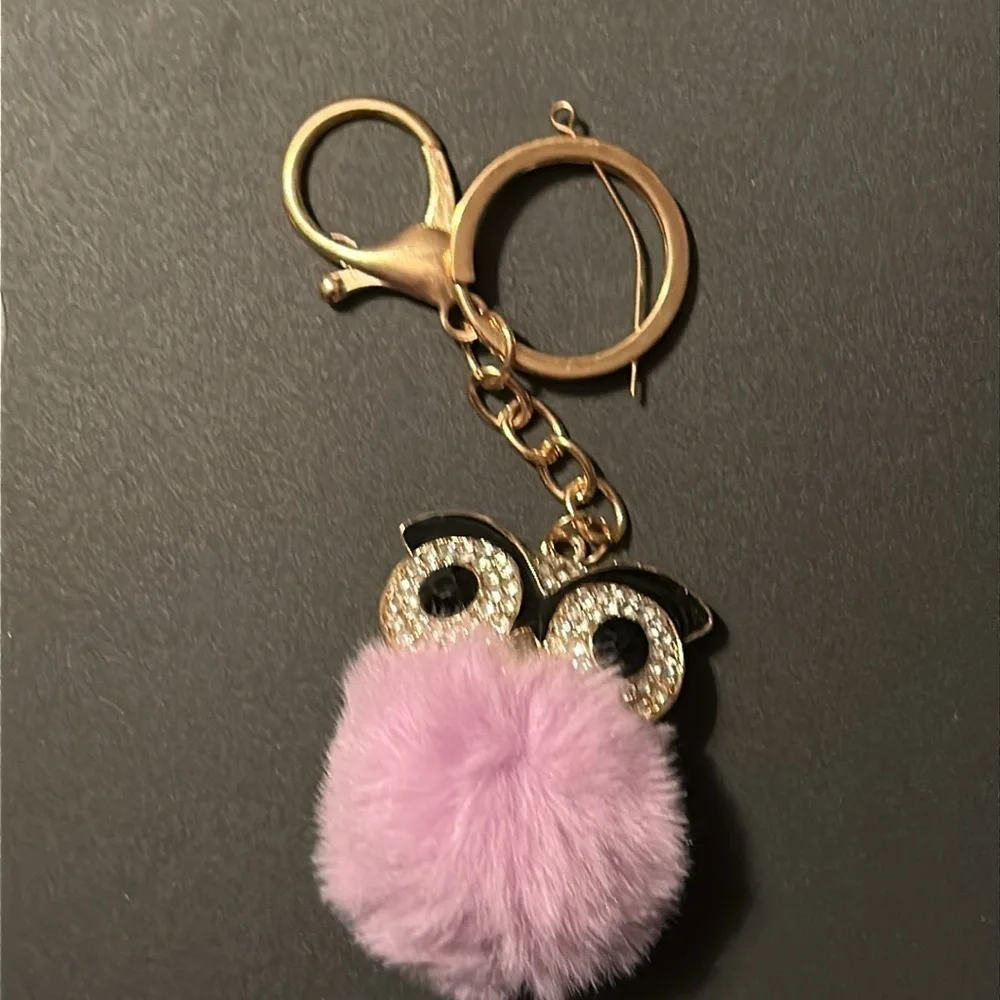 Enameled Fluffy Purple Owl Rhinestone Keychain With Gold Tone Accents